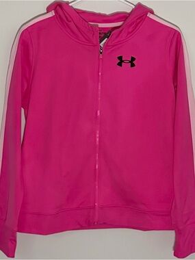 Under Armour Girls Hot Pink Hooded Zip-Up Jacket with White Shoulder Stripes